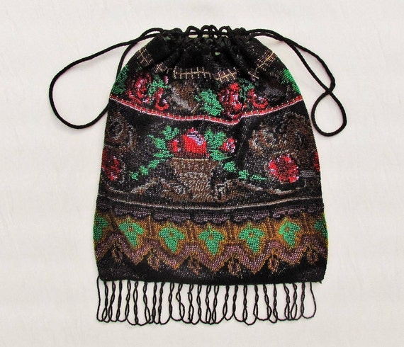 Antique beaded bag, early 1900's drawstring purse… - image 1