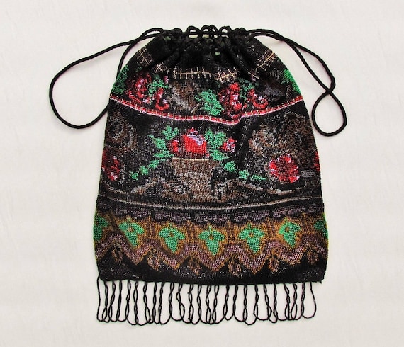Antique beaded bag, early 1900's drawstring purse… - image 1