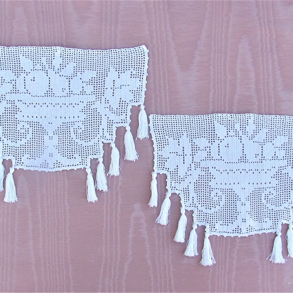 Pair of chair back protectors, filet crochet with bowls of fruit and tassels