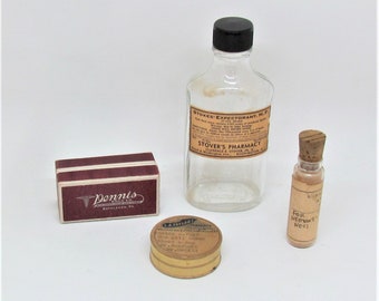 Lot of 4 vintage pharmacy collectibles, 4 medicine collectibles: 2 bottles and 2 cardboard containers