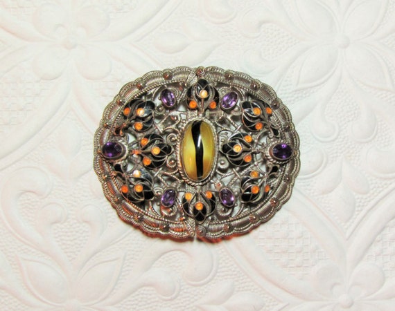 Antique Victorian Glass Enamel Shell Buckle Gold Wash Early 1900s Is this buckle pinchbeck or gilt brass? main image 4