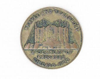 1933 Chicago Century of Progress good luck coin, Art Deco "Travel and Transport Building"