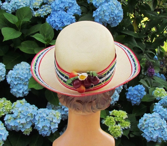 Vintage Adolfo hat in natural and red straw, summ… - image 3