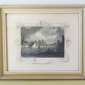 Framed 1830 engraving: &quot;Suspension Bridge, Gt. Marlow, Bucks.&quot;, antique print in 20th century frame
