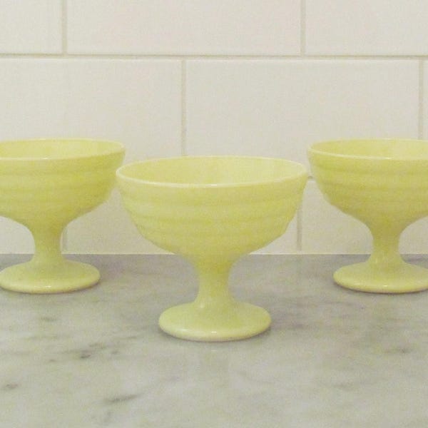 Set of 3 vintage Moderntone Platonite sherbets, pale yellow sherbet glasses, 1940's lemon yellow Hazel Atlas glassware