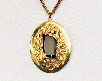 Antique brass and black glass pendant, c.1900 ornate Victorian pendant, large oval pendant on brass rolo chain