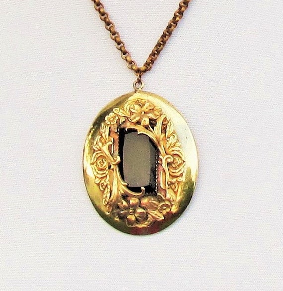 Antique brass and black glass pendant, c.1900 orn… - image 1