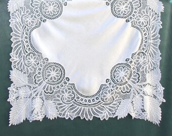 Antique Branscombe lace-trimmed linen tablecloth, white linen tablecloth with hand-made lace