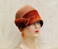 1920's straw cloche with velvet trim, brown finely woven straw hat with burnt orange velvet trim and bow, flapper cloche