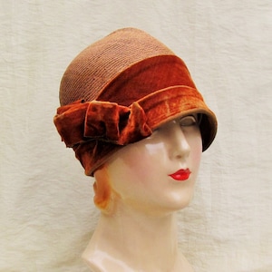 1920's straw cloche with velvet trim, brown finely woven straw hat with burnt orange velvet trim and bow, flapper cloche