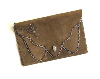 Vintage suede clutch with cut steel bead trim and embellishment