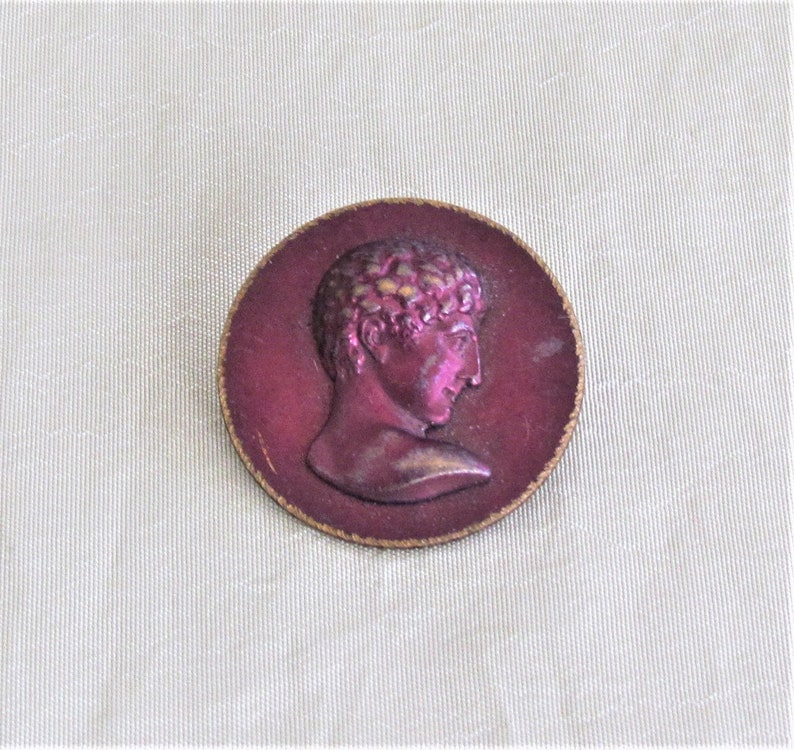 Antique Mercury head button, tinted brass Eingetr Muster 1800's button image 1