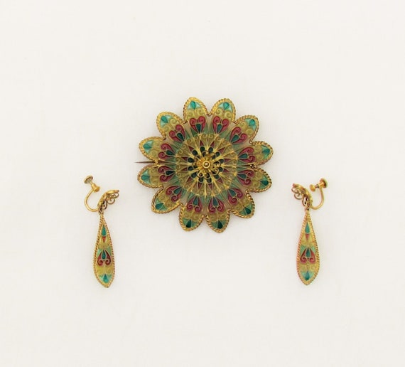 Antique plique a jour brooch and earrings by Joha… - image 1