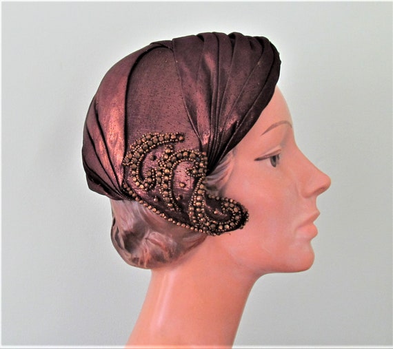 Elegant 1950's beaded cocktail hat in bronze meta… - image 7