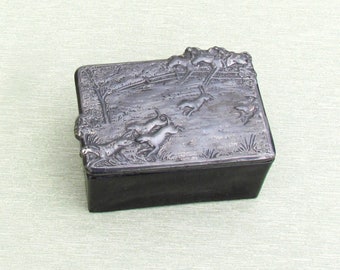 Vintage men's black glass dresser box with fox hunting scene on lid