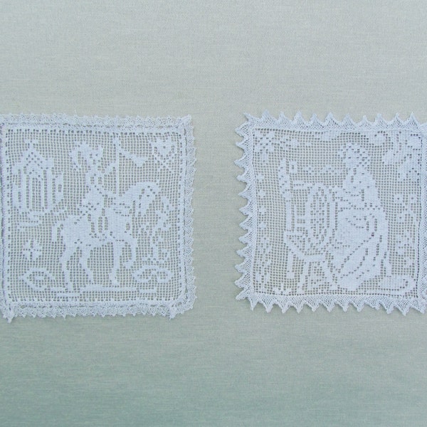 Vintage small filet lace motifs, small square lace appliques depicting knight on horseback and lady at spinning wheel