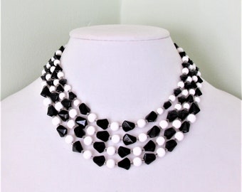 1950's 4 strand black and white bead necklace