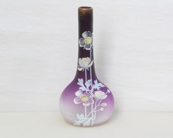 Antique purple satin glass bud vase with hand painted decoration of flowers with raised enamel
