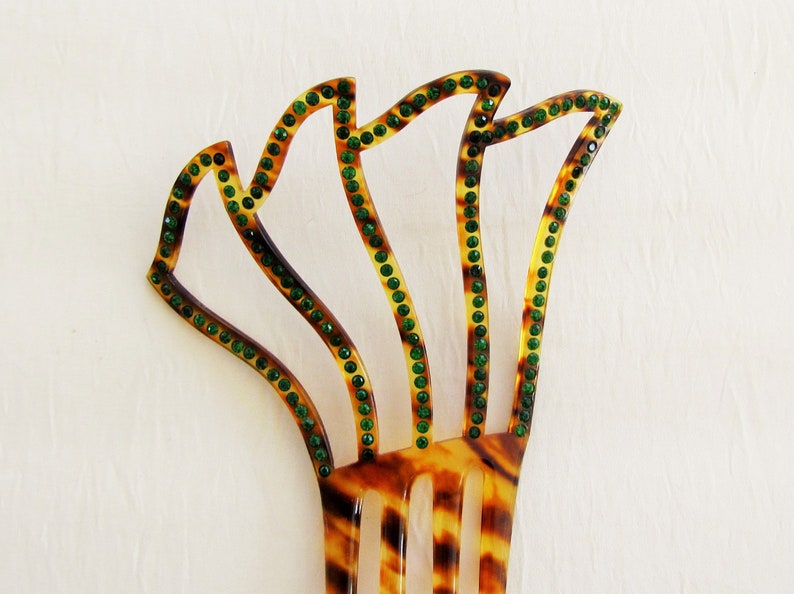 1920/'s faux tortoiseshell decorative comb set with green rhinestones Vintage celluloid hair comb
