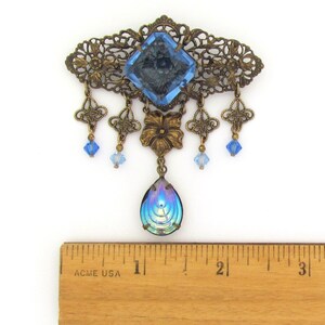 Vintage Sadie Green Victorian Revival filigree and blue glass brooch image 2