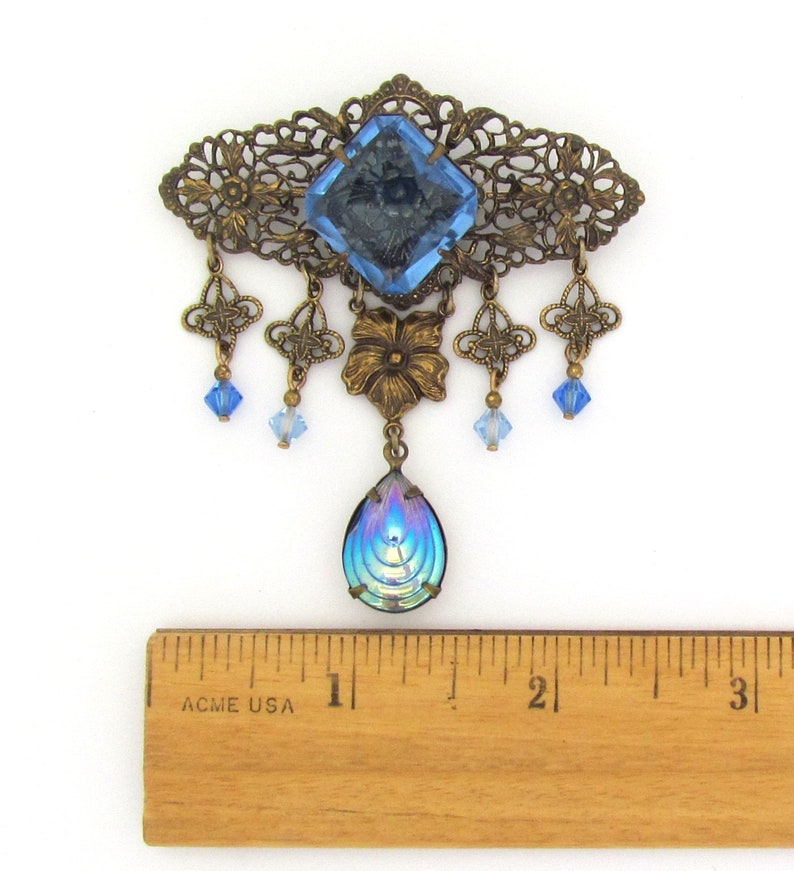 Vintage Sadie Green Victorian Revival filigree and blue glass brooch image 2