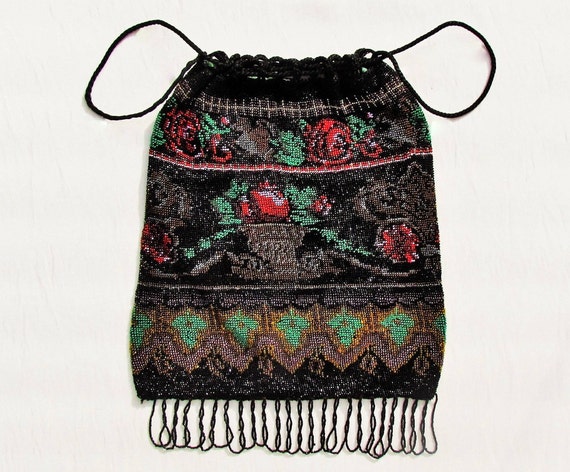 Antique beaded bag, early 1900's drawstring purse… - image 2