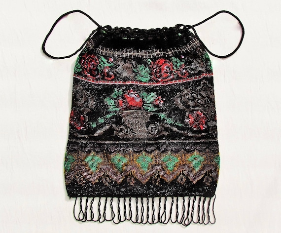 Antique beaded bag, early 1900's drawstring purse… - image 2
