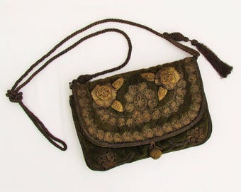 Antique velveteen purse with gold bullion trim, cord strap, and tassel, c.1910 green velveteen shoulder bag with metallic gold trim