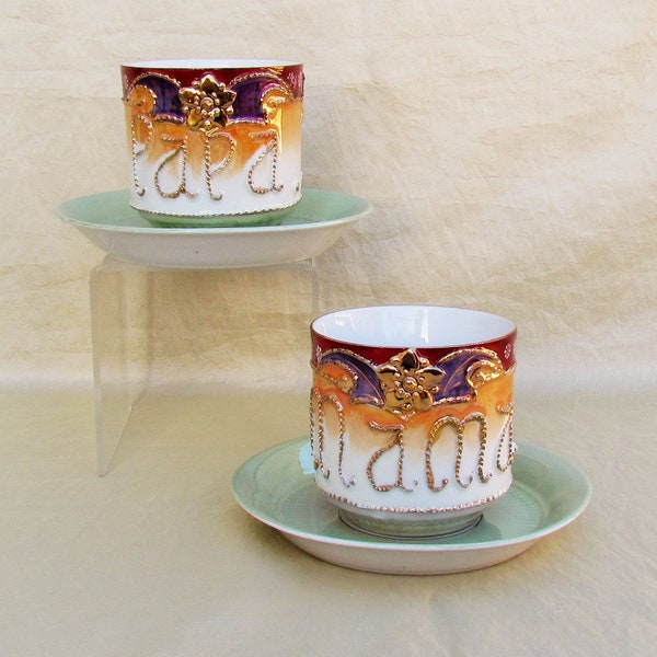 Antique "Mama" and "Papa" coffee cups and saucers made in Germany, 2 Erphila luster china large cup & saucer sets for mother and father