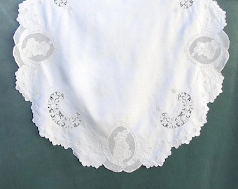 Antique Appenzell embroidery linen tablecloth with 4 - 17th century profile medallions and 4 cutwork insets
