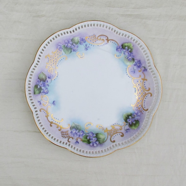 Vintage cabinet plate with hand painted violets, German porcelain plate with reticulated edge