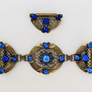 1930&#39;s jeweled cummerbund and matching brooch, ornate belt decoration with blue rhinestones, woman&#39;s cummerbund with matching pin