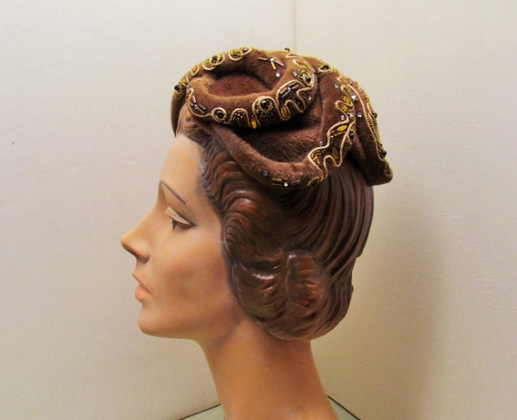 Vintage hat, New Look brown plush asymmetrical co… - image 3