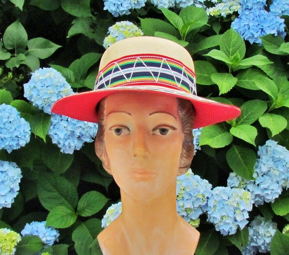 Vintage Adolfo hat in natural and red straw, summ… - image 1