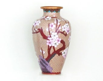 Vintage Chinese cloisonne 8" vase vase with cherry blossoms and blue bird