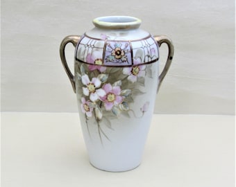 Hand painted Nippon porcelain small vase with pink and white flowers