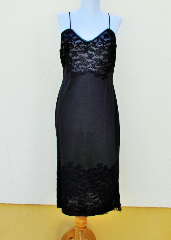 Vintage black nylon slip, 1950's lace trimmed slip