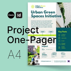May include: A4-sized project one-pager with the title "Urban Green Spaces Initiative." The document features a green and white color scheme, with the Urban Green Collective logo at the top. Key facts include location, project dates, and impact metrics.