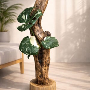 Peut inclure: Un support de plante décoratif en bois de tronc d'arbre vieilli, orné d'une plante Monstera aux grandes feuilles vertes mouchetées de blanc. Le support est monté sur une base en bois ronde, créant une esthétique naturelle et rustique.