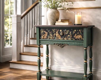 Rabbit Garden Console Table • Hand Painted Nature Inspired Heirloom Entry Table