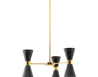 Lampadario moderno di metà secolo, nero e oro, plafoniera Sputnik a 3 luci, paralume a cono, apparecchio di illuminazione moderno per sala da pranzo.
