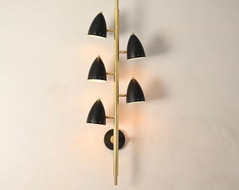 Applique murale faite main à 5 lumières en laiton brut - Moderne milieu du siècle