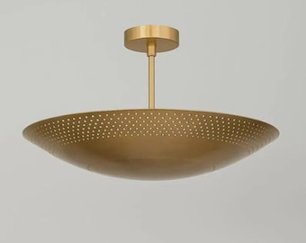 Mid Century Modern Brass Ceiling Light, Perforated Flush Mount Fixture, Minimalist Bowl Ceiling Lamp, Handmade Luxury Entryway Hallway Light