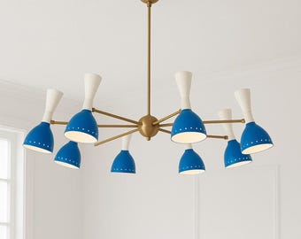 Modern Brass Chandelier- Stilnovo Style Six Arm 12 Lights Brass Sputnik Chandelier Light Fixture - Diabolo