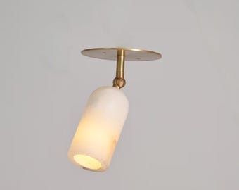 Lámpara de techo retro de latón de 1 luz, redonda, de mármol alabastro, estilo mediados de siglo.