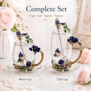 May include: A complete set featuring a short cup and a tall cup, each with a lid, spoon, and saucer. The clear glass cups are decorated with gold-tone metal accents, blue enamel roses, and butterfly motifs. The spoons feature crystal-like finials.