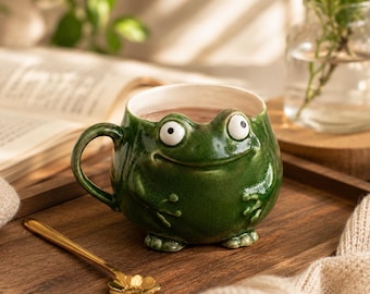 Cute Frog Coffee Mug, Kawaii Frog Ceramic Cup, Animal Shaped Tea Mug, Handmade Style Coffee Cup, Cottagecore Kitchen Decor, Gift for Frog