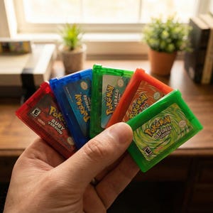 May include: A hand holds five colorful Pokemon Game Boy cartridges: Ruby, Sapphire, Emerald, FireRed, and LeafGreen versions. The cartridges are red, blue, green, and orange. The games are from the early 2000s.