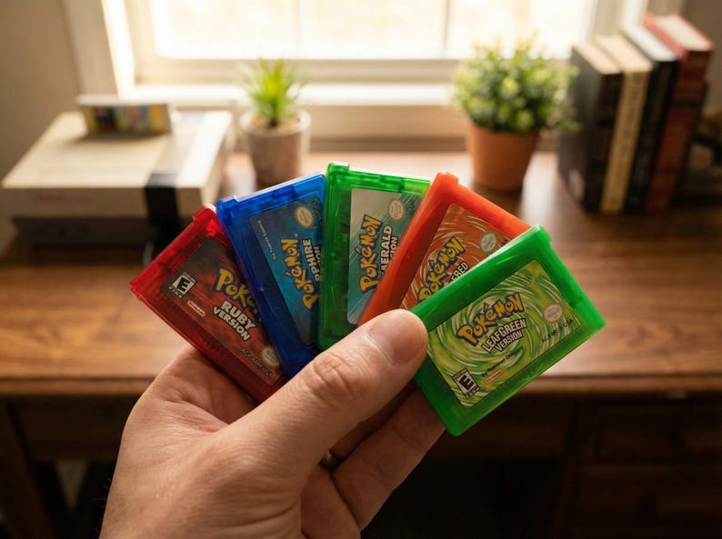 May include: A hand holds five colorful Pokemon Game Boy cartridges: Ruby, Sapphire, Emerald, FireRed, and LeafGreen versions. The cartridges are red, blue, green, and orange. The games are from the early 2000s.