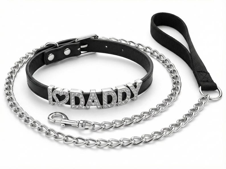 I Love Daddy Choker and Leash Set, Black Leather Collar With Rhinestone ...